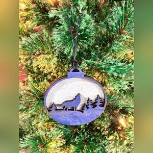Custom wood holiday ornaments, white & blue colors, 3 1/2" wide × 4" tall